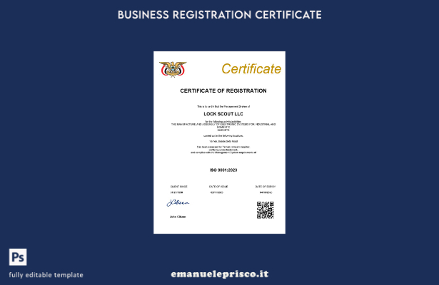 Certificato di registrazione aziendale Yemen in stile verificato Modello Word e 